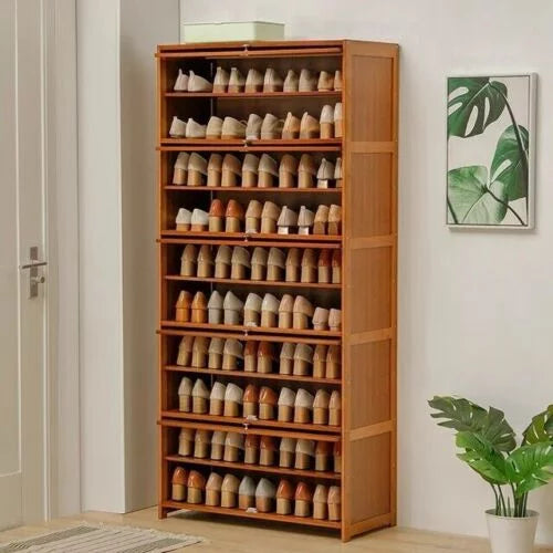 TFCFL 10 Tier Wood Nan Bamboo Shoe Rack Book Shelf Entryway Storage Furniture