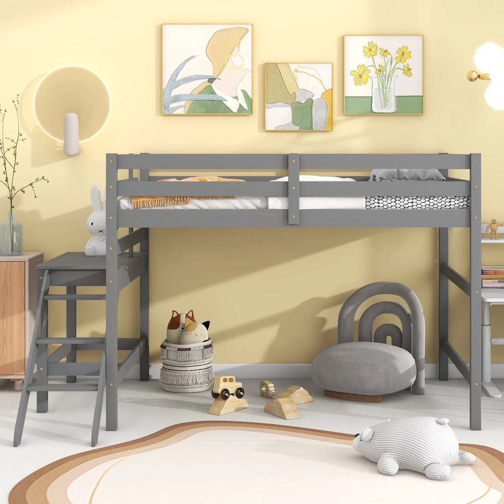 Bellemave Full Wood Loft Bed with Safety Rail and Ladder, Gray F137