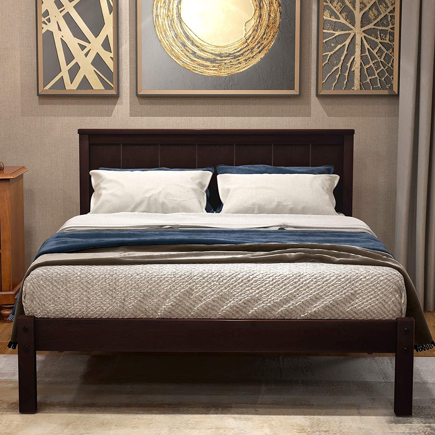 Solid Wood Platform Bed Frame with Headboard, Espresso L977174