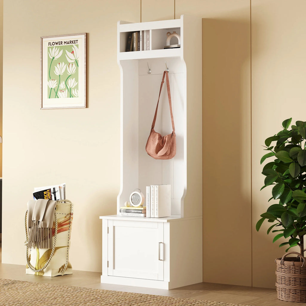 CoSoTower Minimalist Slim Hall Tree with Cabinet & 6 Hanging Hooks, Multi-Functional Storage Bench with Coat Rack, Elegant Foyer Cabinet for Hallway, Living Room, White