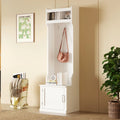 CoSoTower Minimalist Slim Hall Tree with Cabinet & 6 Hanging Hooks, Multi-Functional Storage Bench with Coat Rack, Elegant Foyer Cabinet for Hallway, Living Room, White