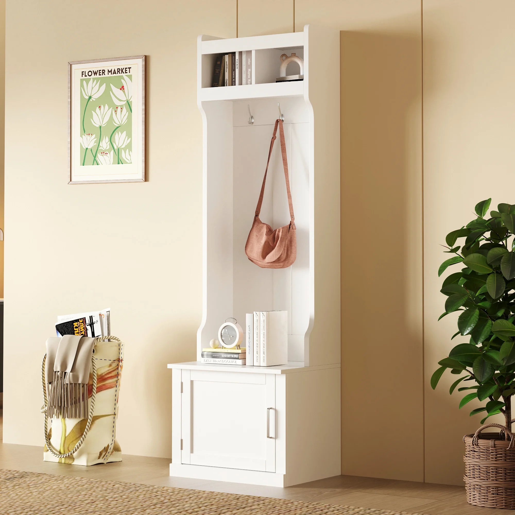 CoSoTower Minimalist Slim Hall Tree with Cabinet & 6 Hanging Hooks, Multi-Functional Storage Bench with Coat Rack, Elegant Foyer Cabinet for Hallway, Living Room, White
