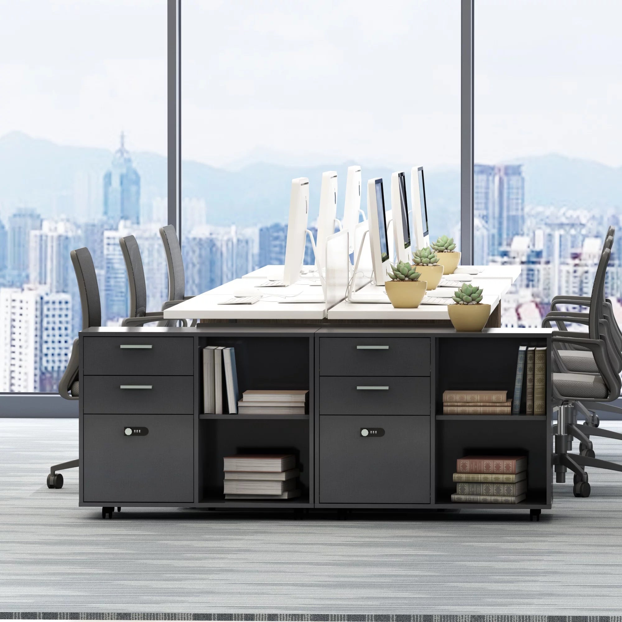 Wood File Cabinet with Coded Lock, Mobile Lateral Printer Stand U113465