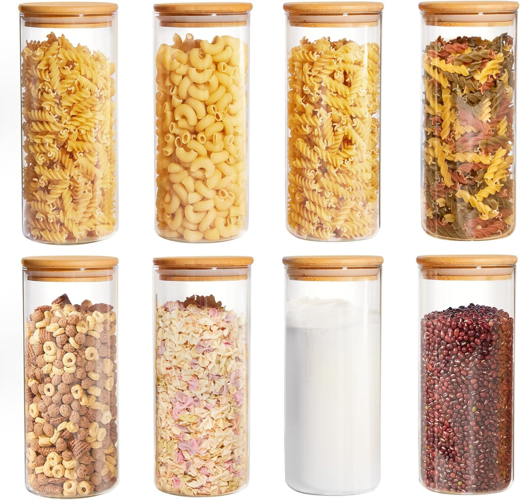 Vtopmart 8 Pack 30oz Glass Food Storage Jars, Food Storage Containers with Airtight Bamboo Wooden Lids for Pasta, Nuts, Flour, Glass Canisters for Kitchen, Pantry Organization and Storage, BPA Free