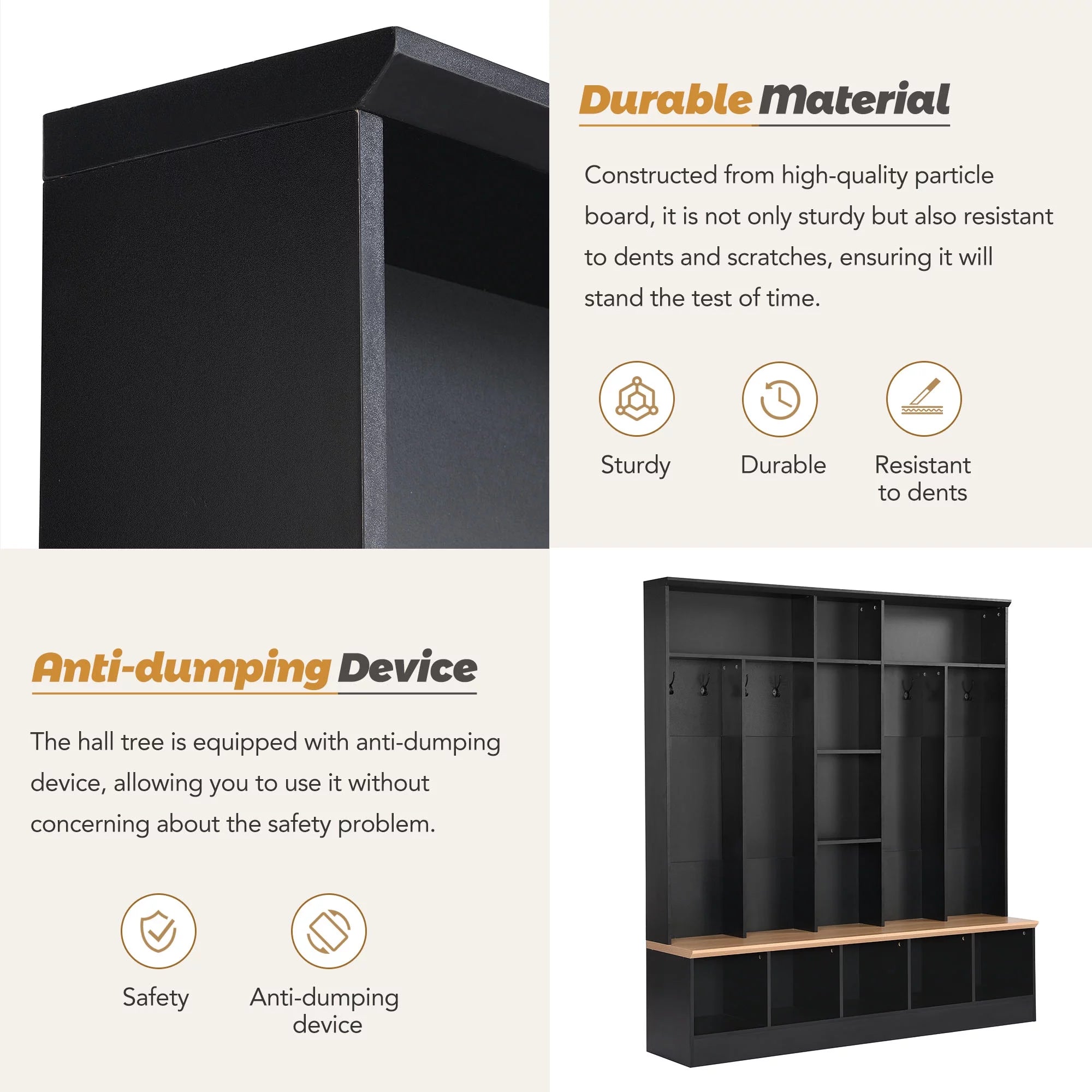 CoSoTower Wide Hall Tree with Storage Bench and 8 Hooks, Black D645414