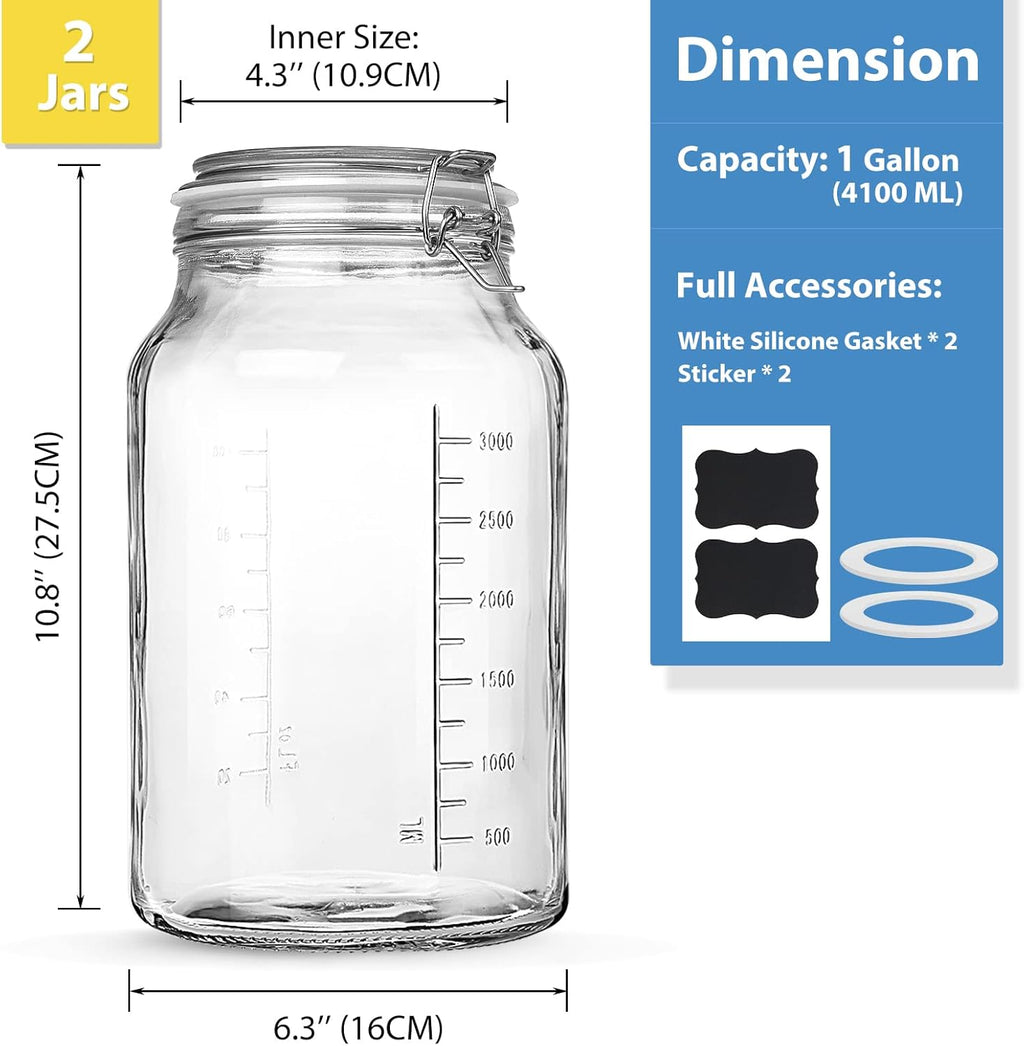 1 Gallon Glass Storage Jars with Airtight Lids, 2 Pack G84224