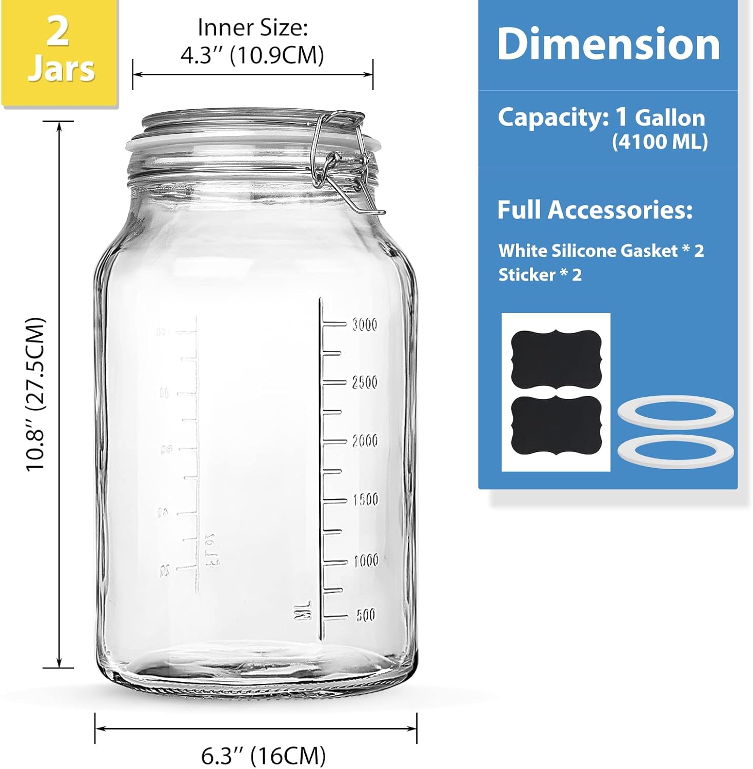 1 Gallon Glass Storage Jars with Airtight Lids, 2 Pack G84224