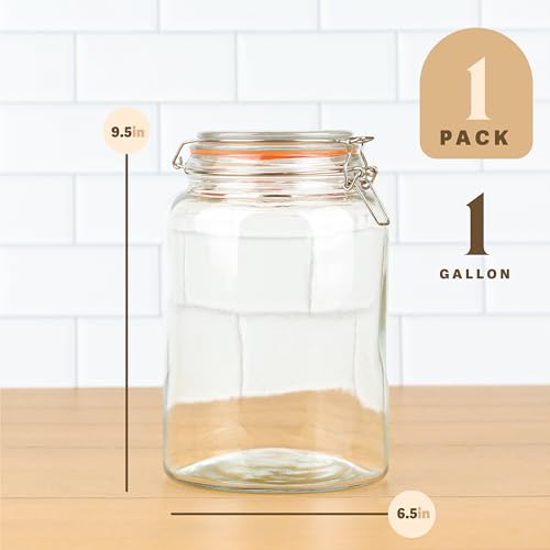 kitchentoolz Large 1 Gallon Glass Mason Jar with Hinged Lids, Wide-Mouth, Pack of 2 J9205