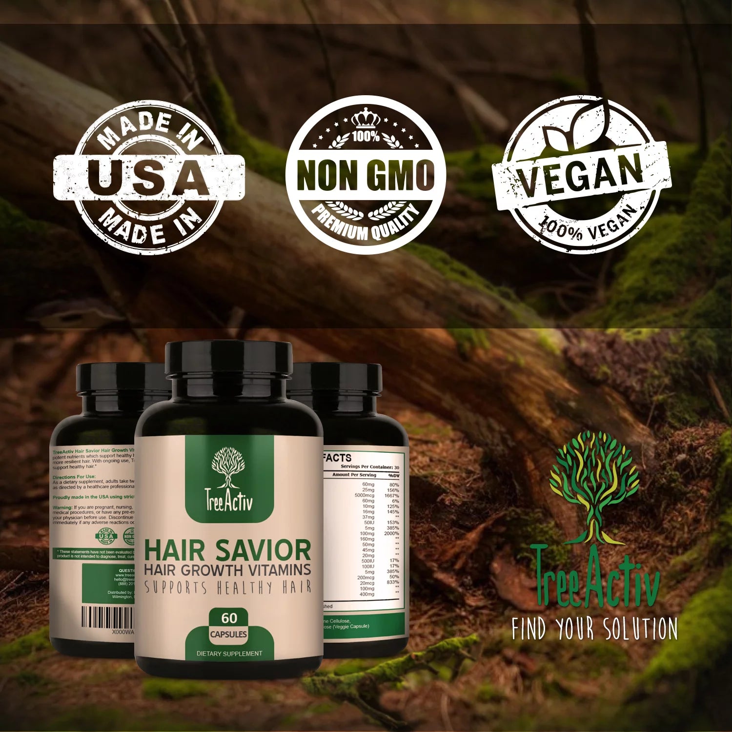 TreeActiv Hair Savior Biotin & Saw Palmetto Hair Growth Vitamins, 60 Capsules K871897