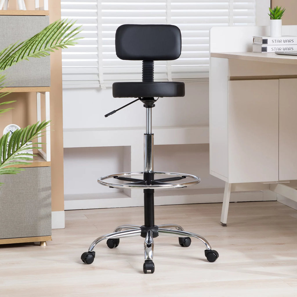 Height Adjustable Drafting Stool with Footrest, Faux Leather, Rolling Wheels by Naomi Home T38183