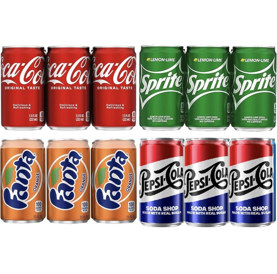 24 Mini Cans Of Variety Soda, 4 flavors, 6 Coke Classic, 6 Pepsi Real Sugar, 6 Sprite, 6 Fanta Orange, 7.5 Fl Oz