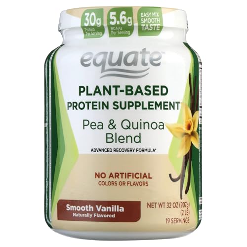 Equate Plant-Based Protein Supplement, 2 lbs, High Protein, Vegan, Non-GMO, Pea & Quinoa Blend, Essential Amino Acids, BCAA, Gluten-Free, Dairy-Free, Muscle Growth (32 Oz, Smooth Vanilla)