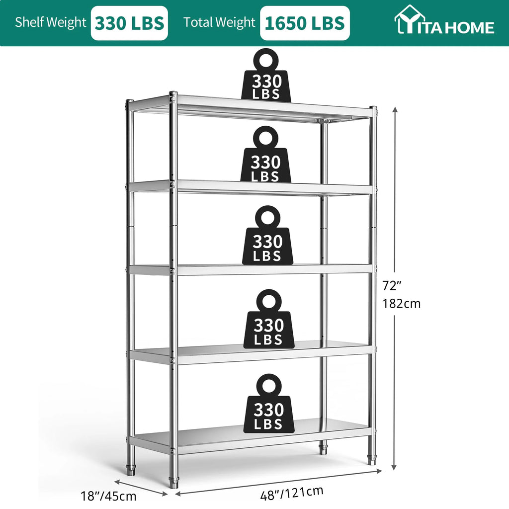 Dextrus Stainless Steel 5-Tier Shelving Unit, 48"x18"x72" E4443