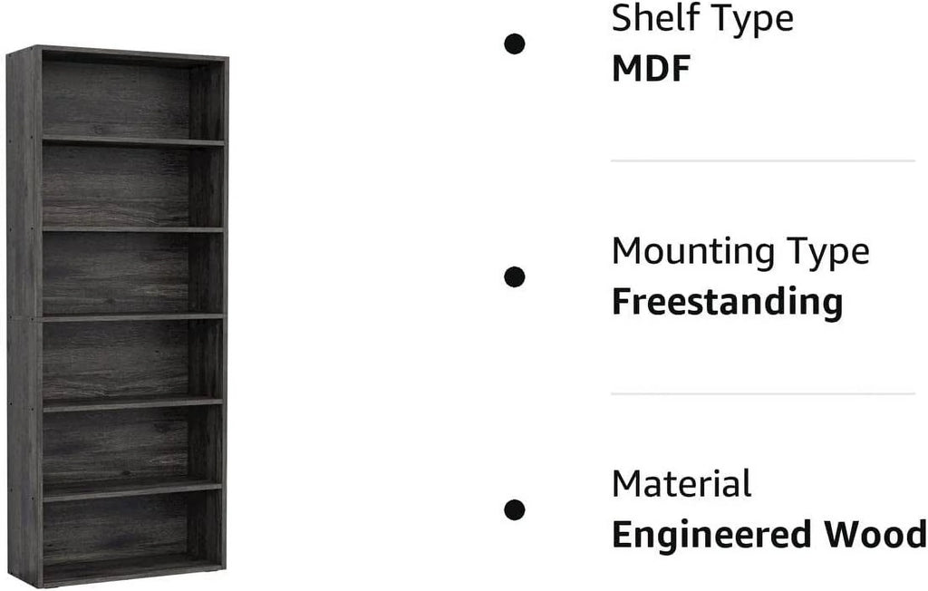 IRONCK 6-Tier Tall Bookcase for Home Office, Living Room, Bedroom (Charcoal Grey) N99911