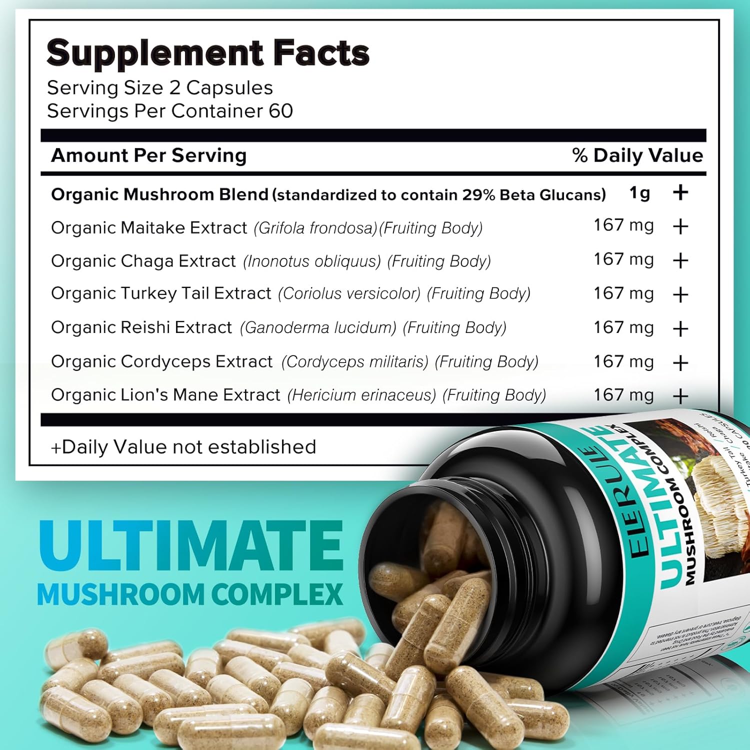 6 in 1 Mushroom Supplement with Lions Mane, Reishi, Cordyceps, Chaga, Turkey Tail, Maitake - 120 Capsules U8605