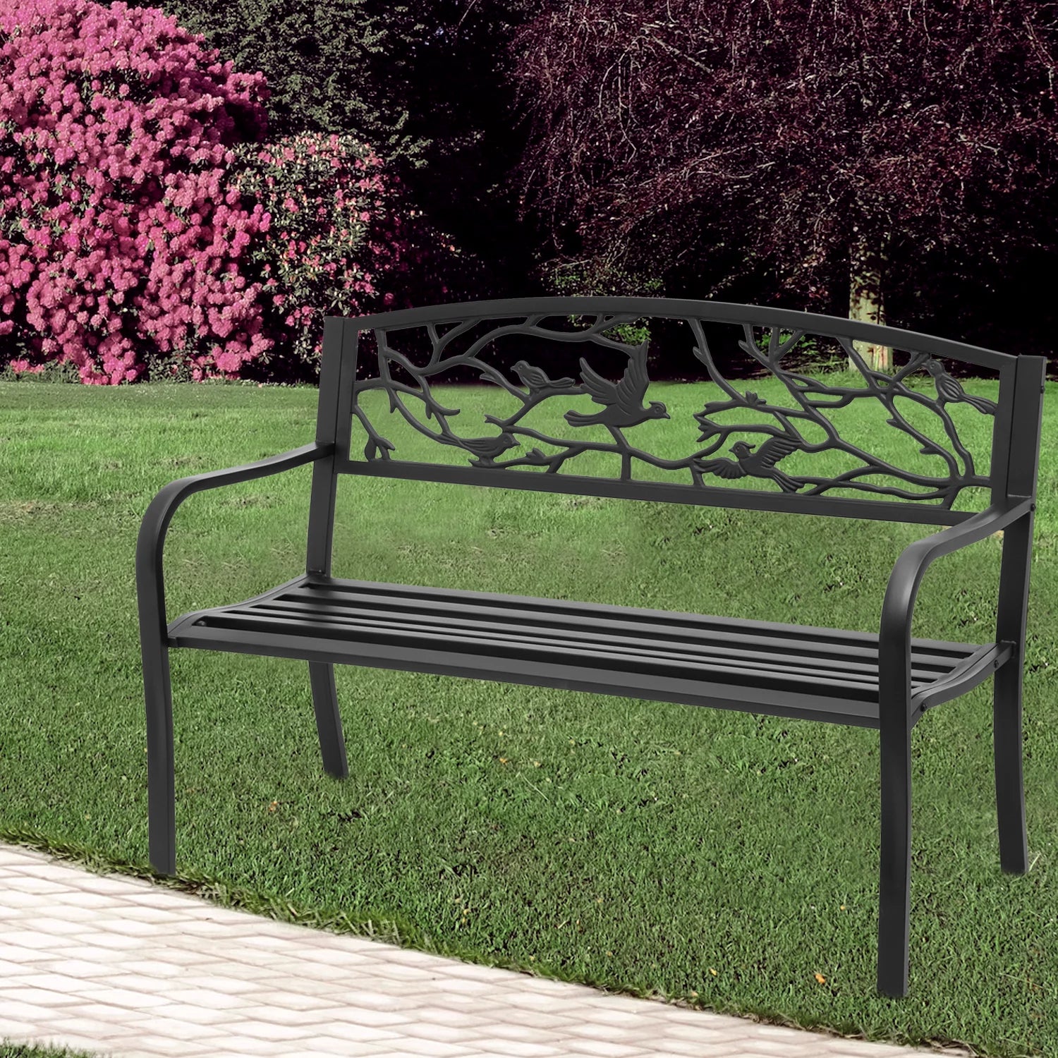 Magshion 50" Outdoor Cast Iron Patio Bench with Bird Design Backrest S46453