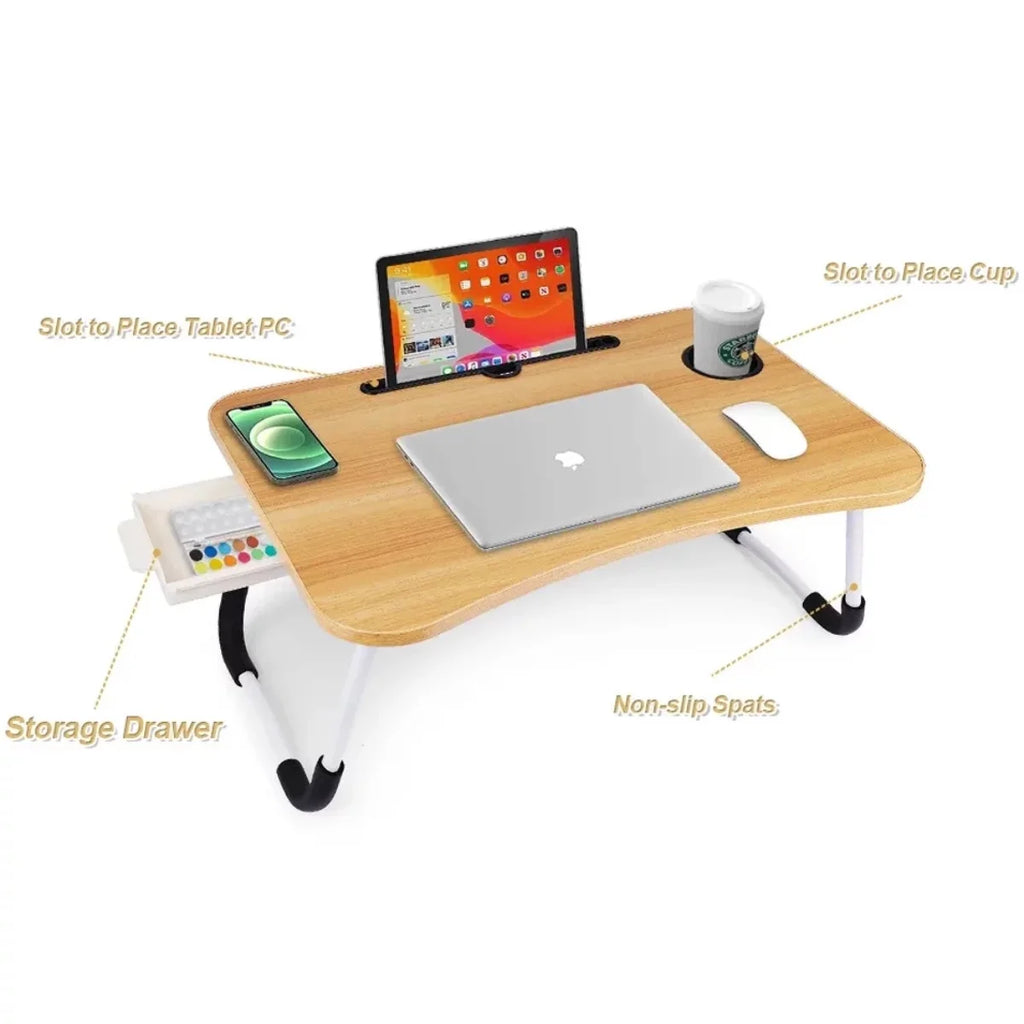 LEUCHTA Foldable Lap Desk, 23.6 Inch Portable Wood Laptop Table with Cup Holder and Drawer, Walnut K433269