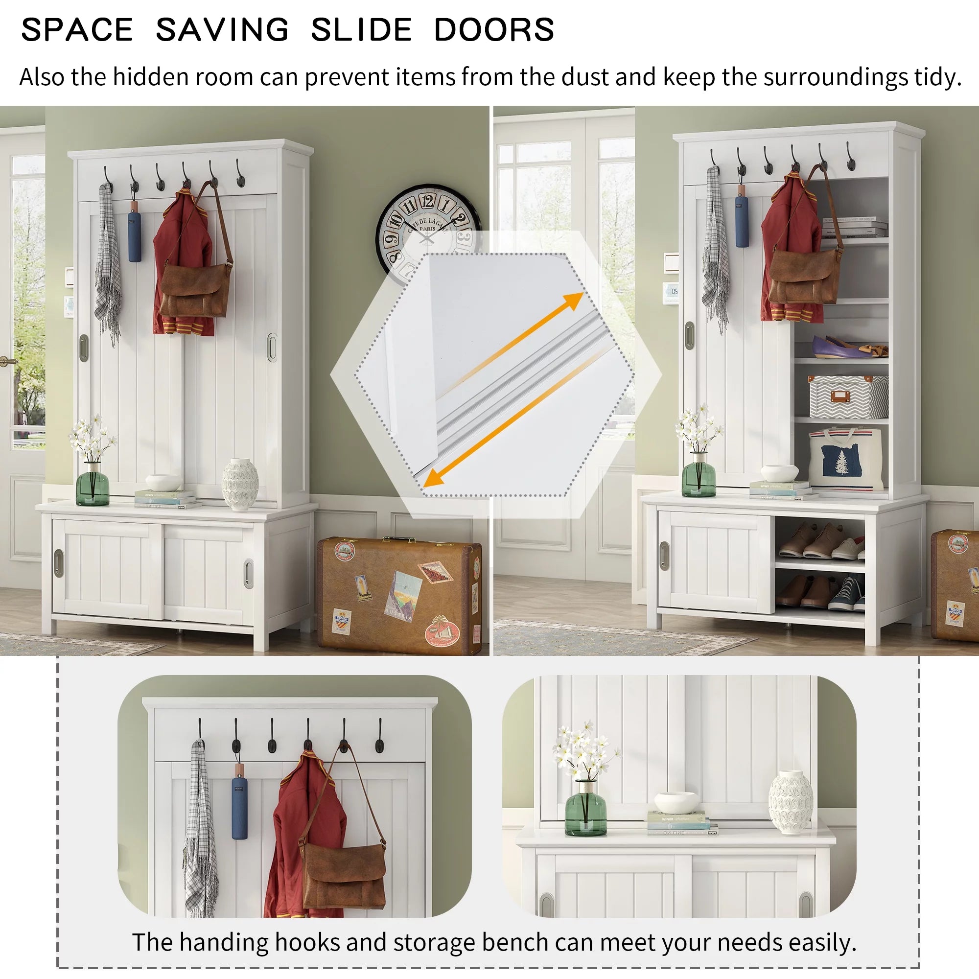 CoSoTower Hall Tree with Sliding Doors and Storage Bench, White H76310