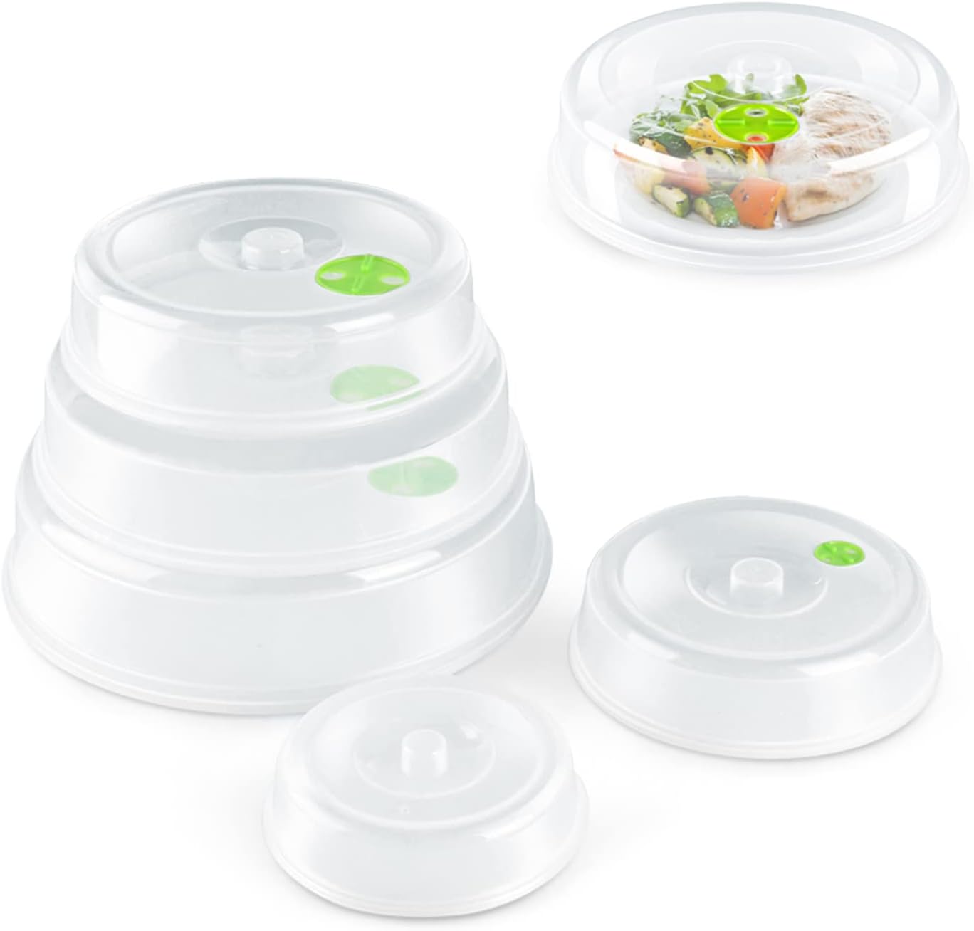 Flexzion Microwave Covers For Food Splatter Guard Protector (Set of 5, Green) - Food Cover Lid With Steam Ventilation Window Dish Washer Safe - Mixed Sizes For Large & Small Food Plates Bowls