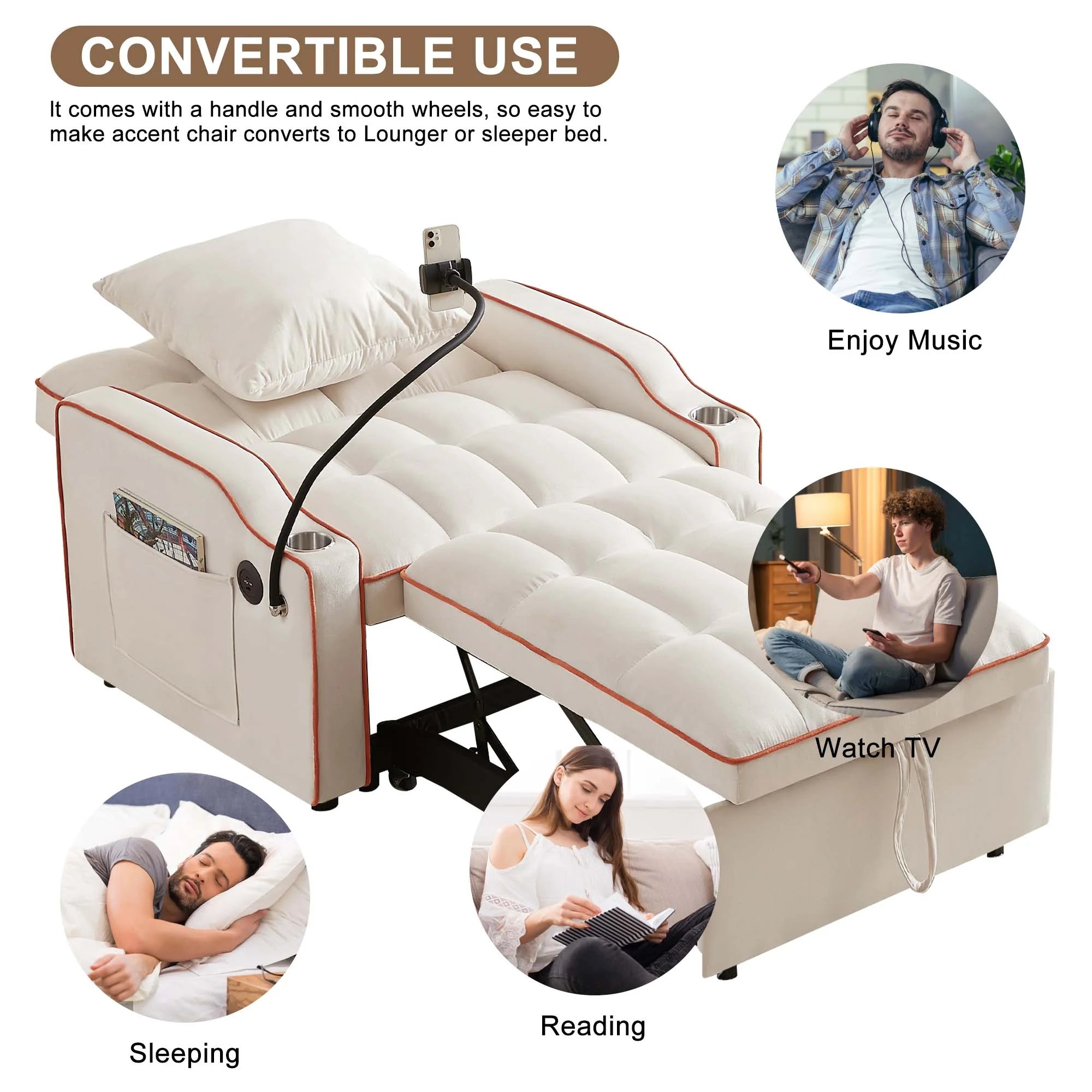 Aukfa Sleeper Chair Bed, Convertible Pull Out Sofa, Beige W589