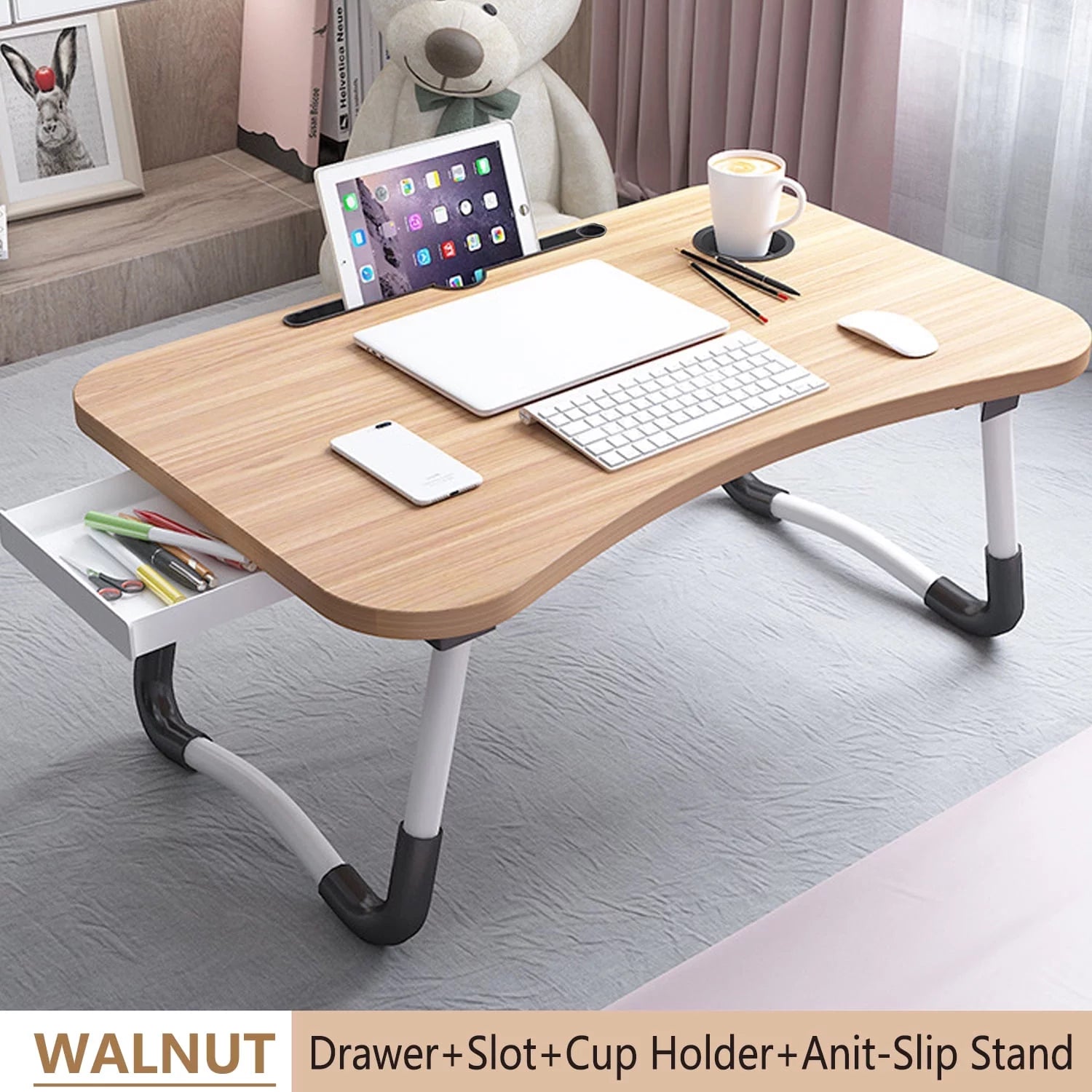 LEUCHTA Foldable Lap Desk, 23.6 Inch Portable Wood Laptop Table with Cup Holder and Drawer, Walnut K433269