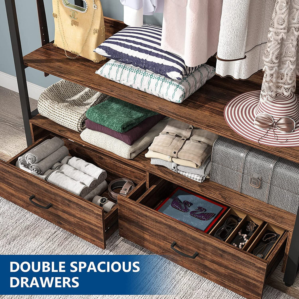 Tribesigns Heavy Duty Clothes Rack with Shelves and 2 Drawers, Rustic Brown V99073