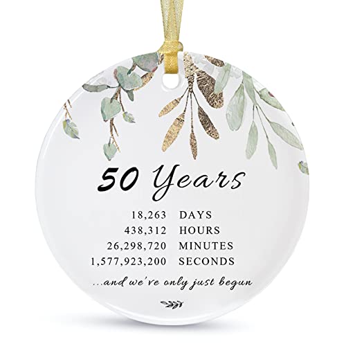 10 Years Anniversary Christmas Ornament, 10th for Couple, Ten Years Married Ceramic Ornament for Decorating Home Weddings,with Card and Gift Box (2.9") (10th-Classic Green Leaf)