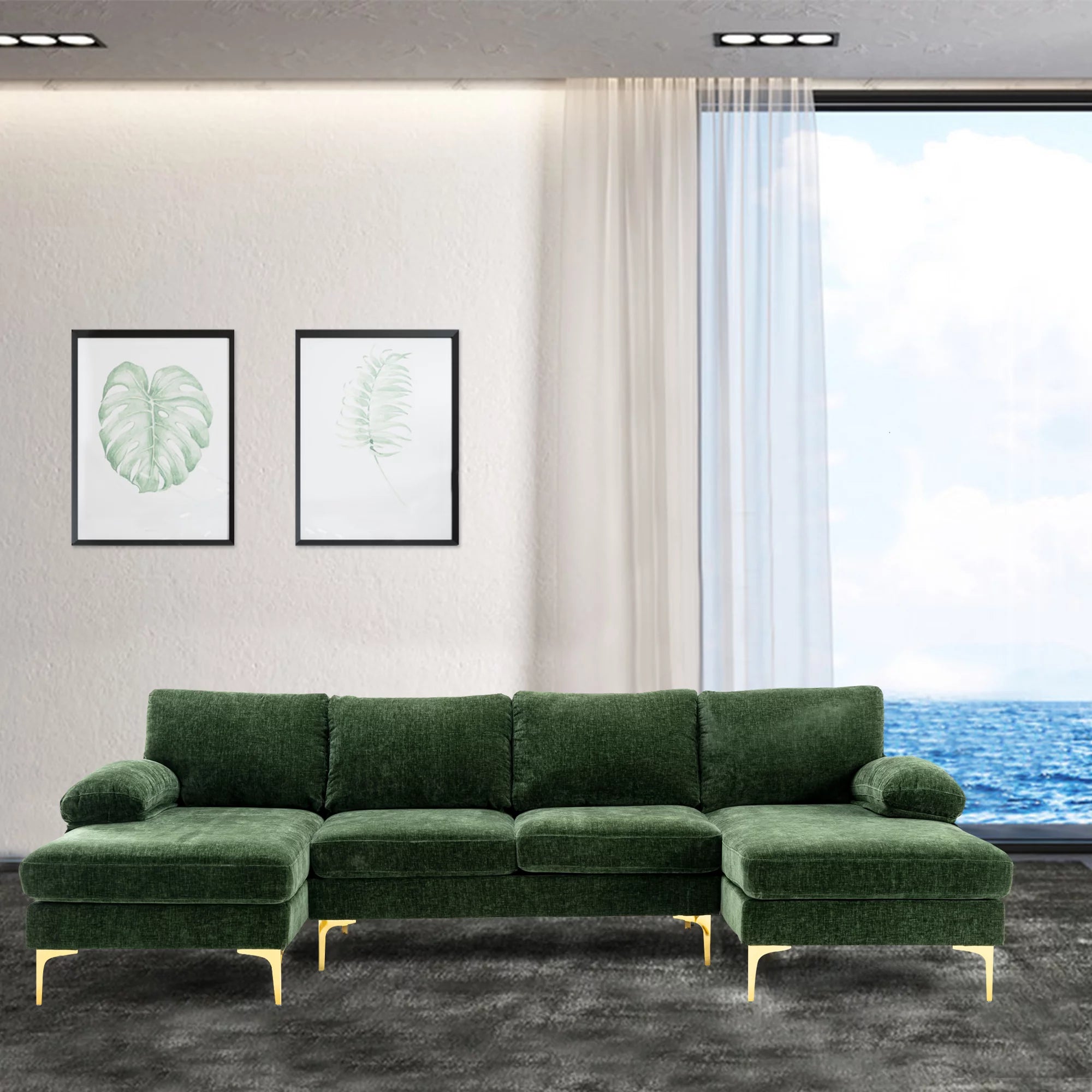 Luccalily U-Shaped Sectional Sofa with Golden Metal Legs, Velvet G28249