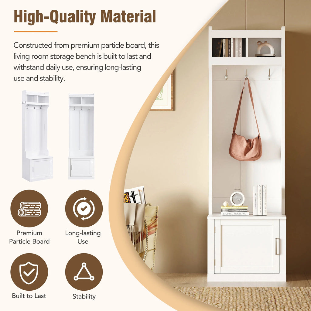 CoSoTower Minimalist Hall Tree with Cabinet & 6 Hanging Hooks, White N614324
