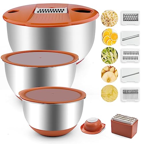 VEKAYA Mixing Bowls Set of 3, Stainless Steel Mixing Bowl with Airtight Lids, Metal Mixing Bowls with 5 Graters, Measurement Marks, Non-Slip Bottoms, Great for Mixing & Prepping, 5/3/1.5 QT (Black)