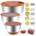 VEKAYA Mixing Bowls Set of 3, Stainless Steel Mixing Bowl with Airtight Lids, Metal Mixing Bowls with 5 Graters, Measurement Marks, Non-Slip Bottoms, Great for Mixing & Prepping, 5/3/1.5 QT (Black)