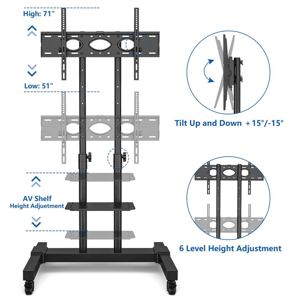 Mobile TV Cart for 75 inch TVs, Heavy Duty Rolling Stand, Black G26844