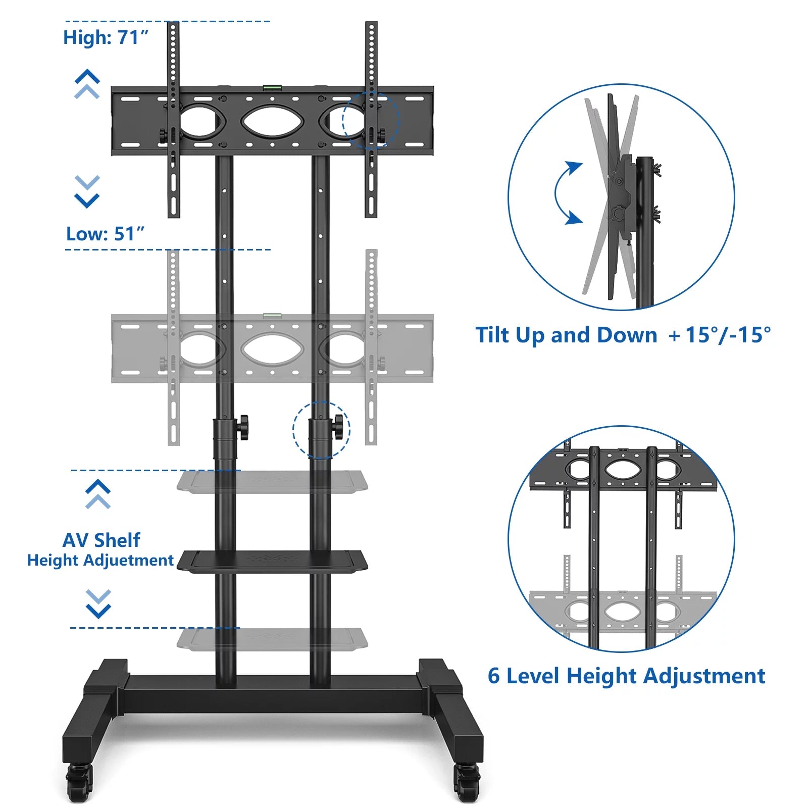 Mobile TV Cart for 75 inch TVs, Heavy Duty Rolling Stand, Black G26844