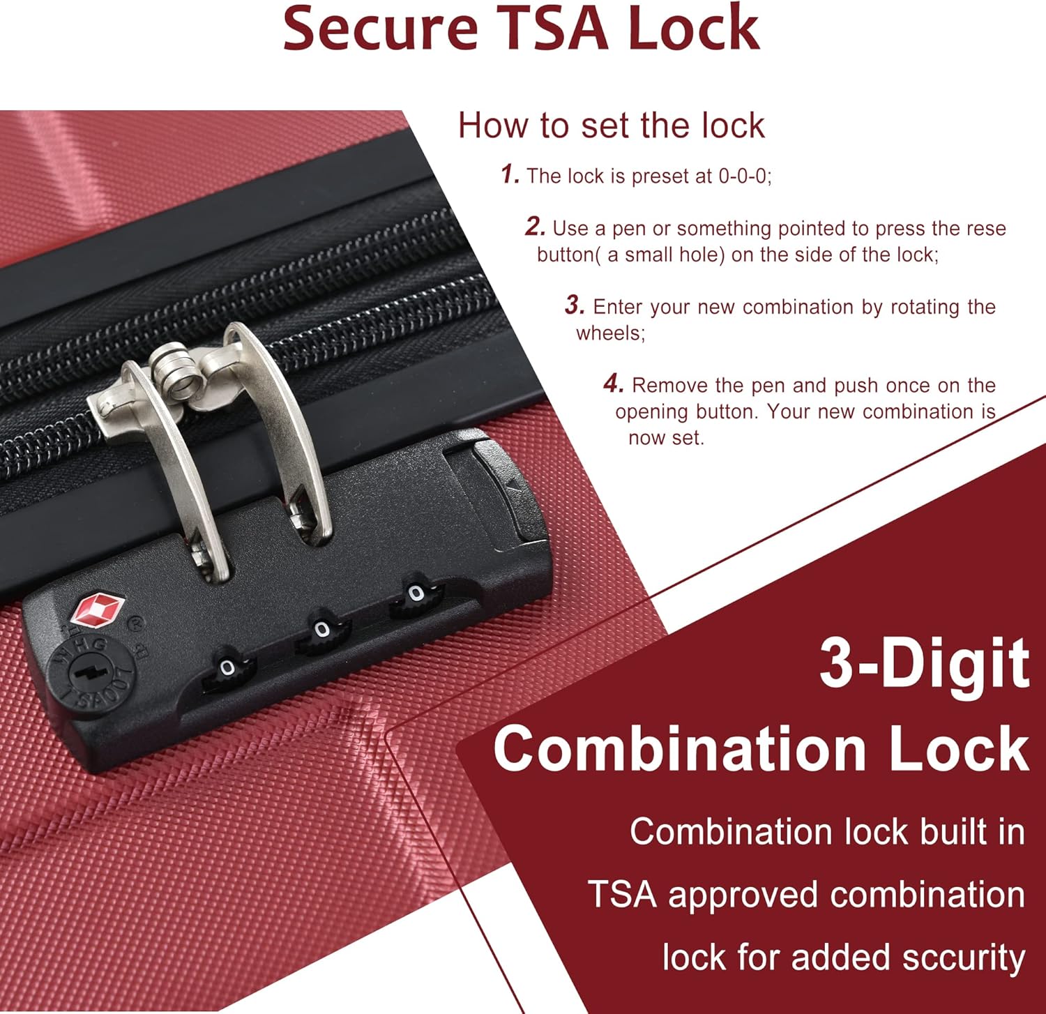 Flieks 3 Piece Luggage Set, Lightweight Hardshell Spinner, TSA Lock, Red L18160