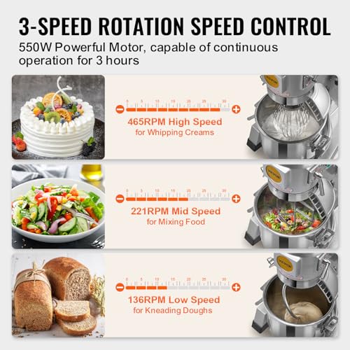 VEVOR Commercial Food Mixer 10Qt Stainless Steel Bowl, 450W 3 Speeds R82048