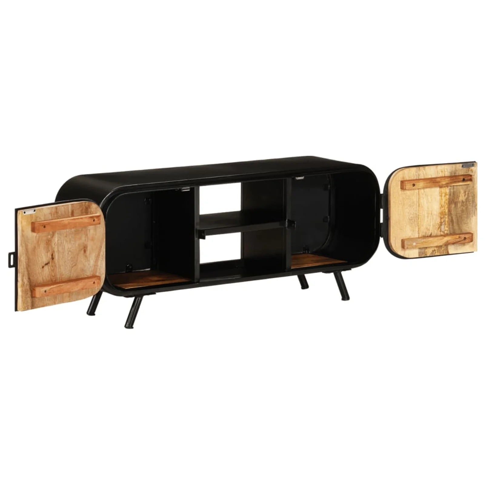 Anself TV Stand with 2 Compartments and 2 Shelves, Mango Wood, Iron Legs U5328