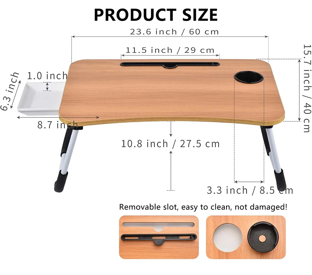 LEUCHTA Foldable Lap Desk, 23.6 Inch Portable Wood Laptop Table with Cup Holder and Drawer, Walnut K433269