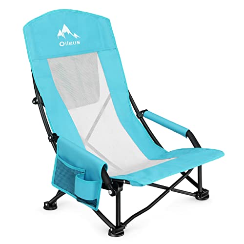 Oileus Folding Portable Beach Chair, High Back Low Seat Lightweight Chairs for Beach Tent & Shelter & Camping, Full Mesh Back| Cup Holder| Storage Bag| Carry Bag | Armrest 2 Pcs