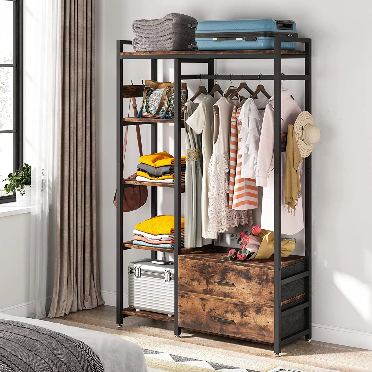 Tribesigns Freestanding Closet Organizer with Drawers and Shelves, Rustic Brown F28099