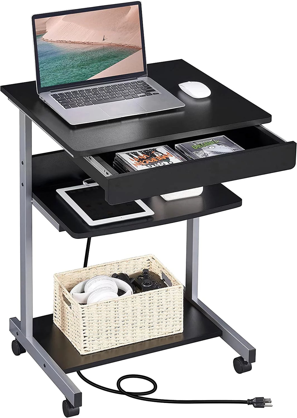 Compact Laptop Desk on Wheels with Power Outlet and USB Ports, Black P86498