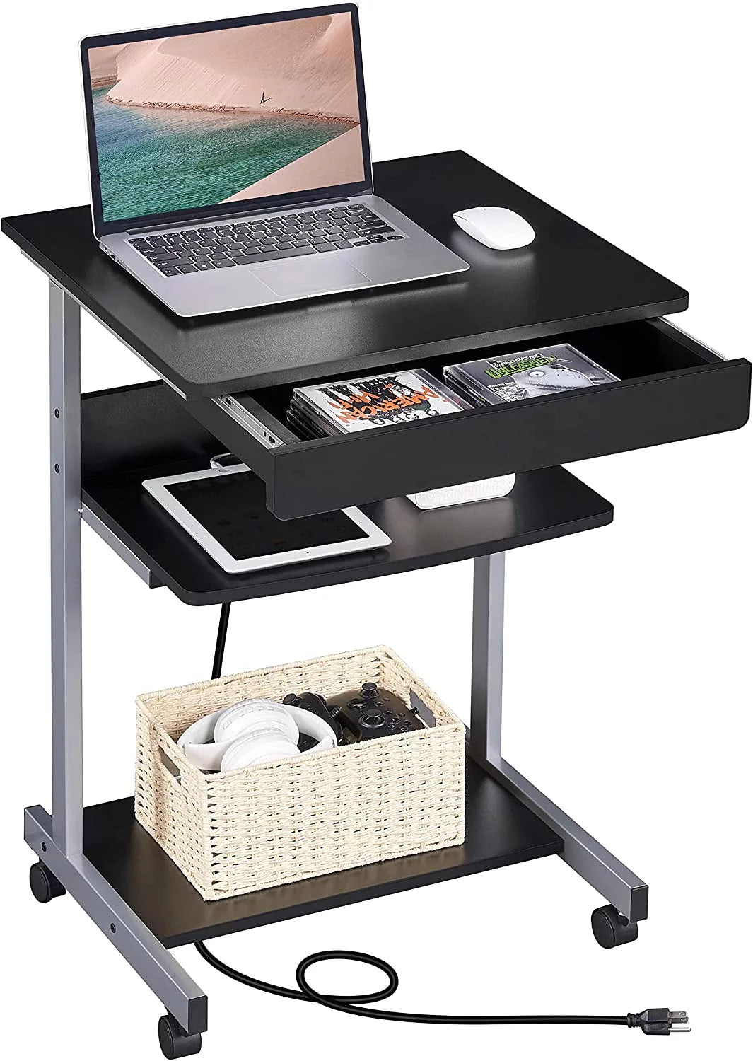 Compact Laptop Desk on Wheels with Power Outlet and USB Ports, Black P86498