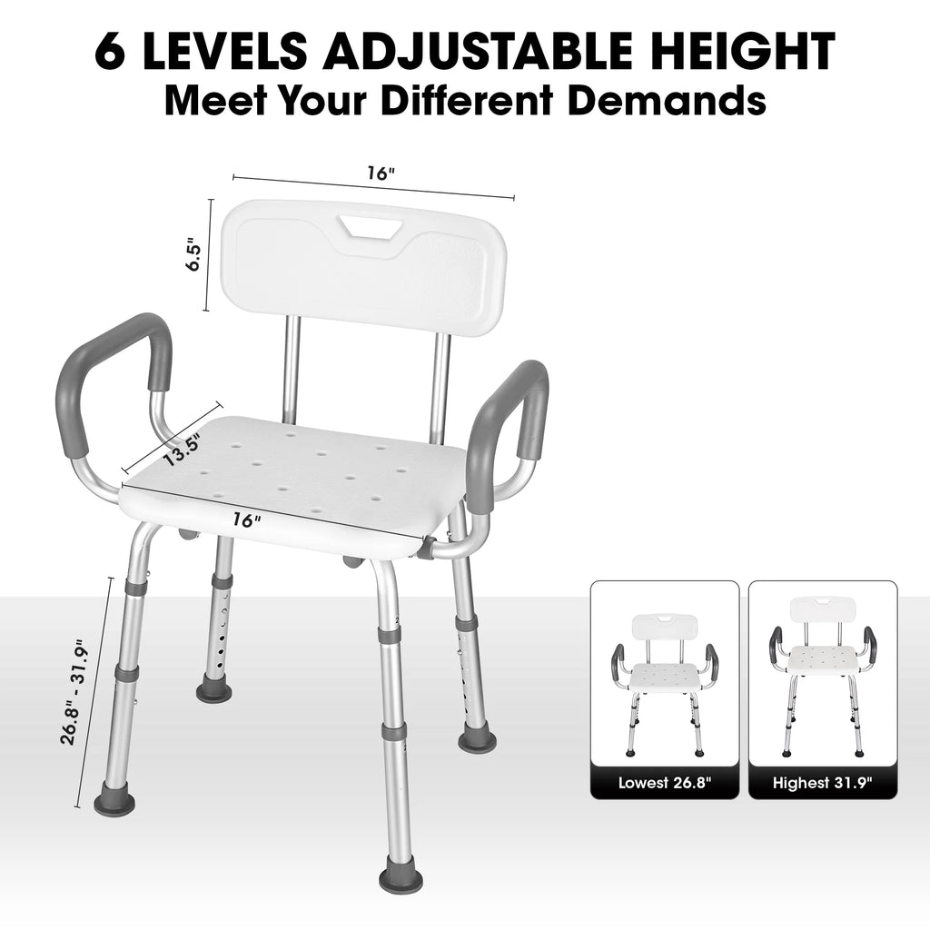 MaxKare Shower Chair with Back and Padded Armrests, Adjustable Height P89849