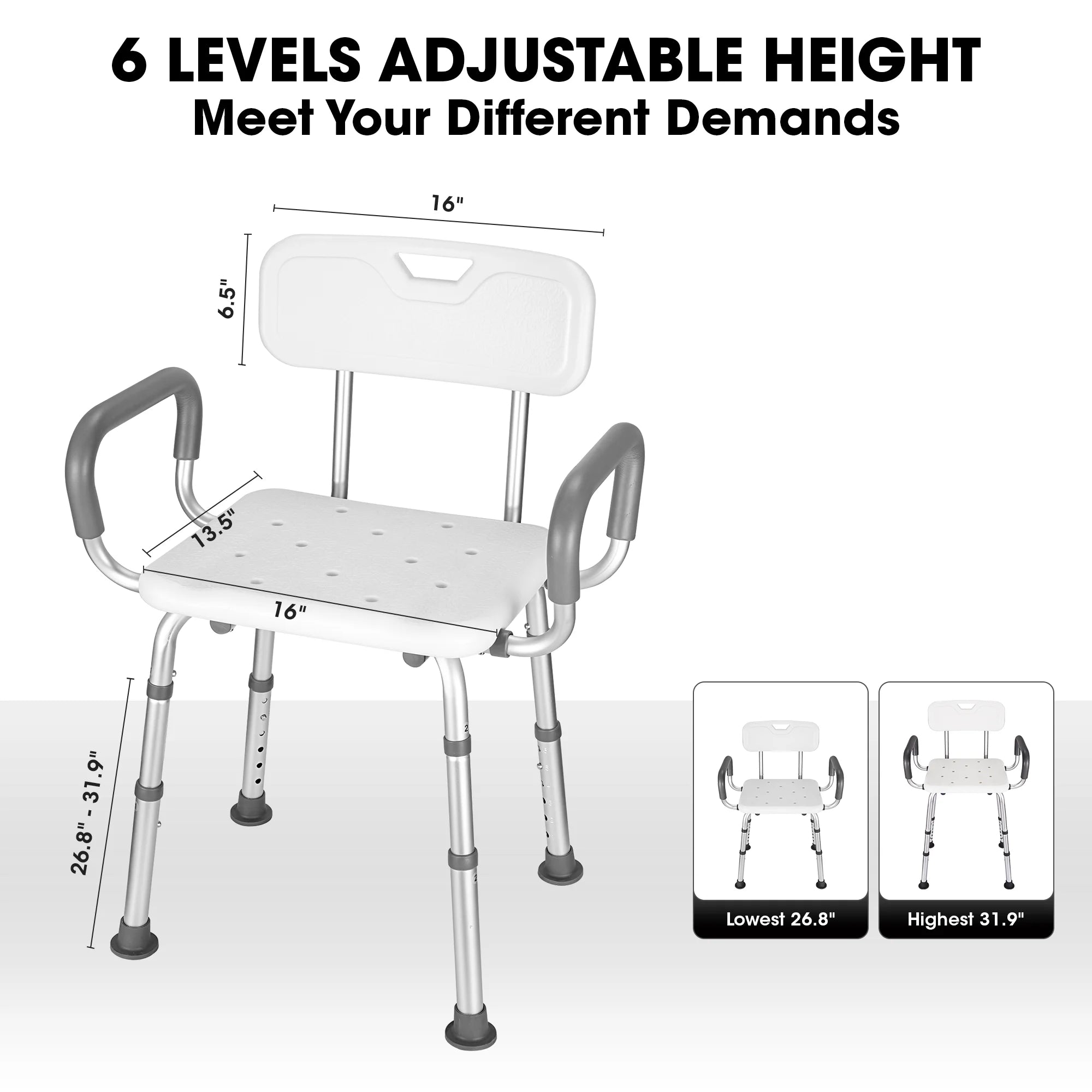 MaxKare Shower Chair with Back and Padded Armrests, Adjustable Height P89849