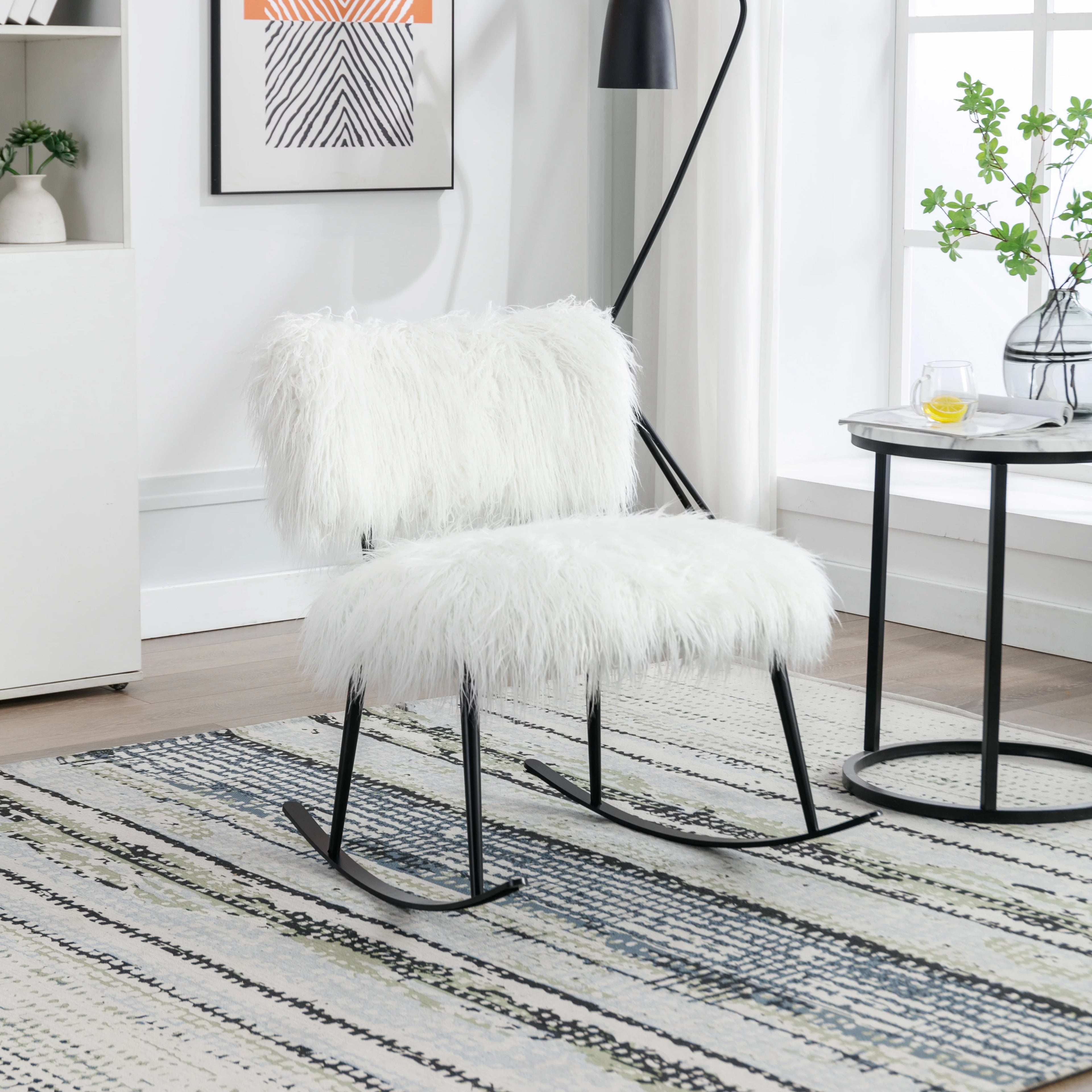 paproos 25.2'' Wide Faux Fur Plush Nursery Rocking Chair, Baby Nursing Chair with Metal Rocker, Fluffy Upholstered Glider Chair, Comfy Mid Century Modern Chair for Living Room, Bedroom, White