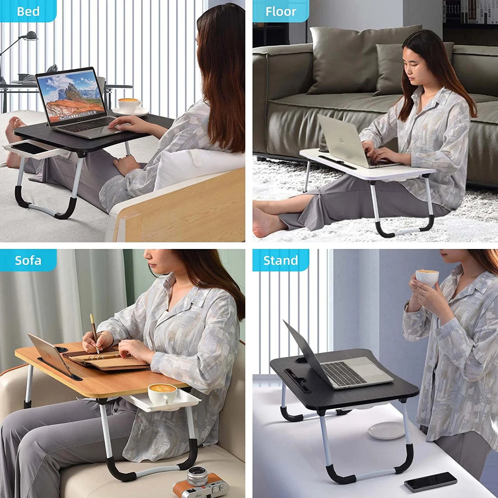 LEUCHTA Foldable Lap Desk, 23.6 Inch Portable Wood Laptop Table with Cup Holder and Drawer, Walnut K433269