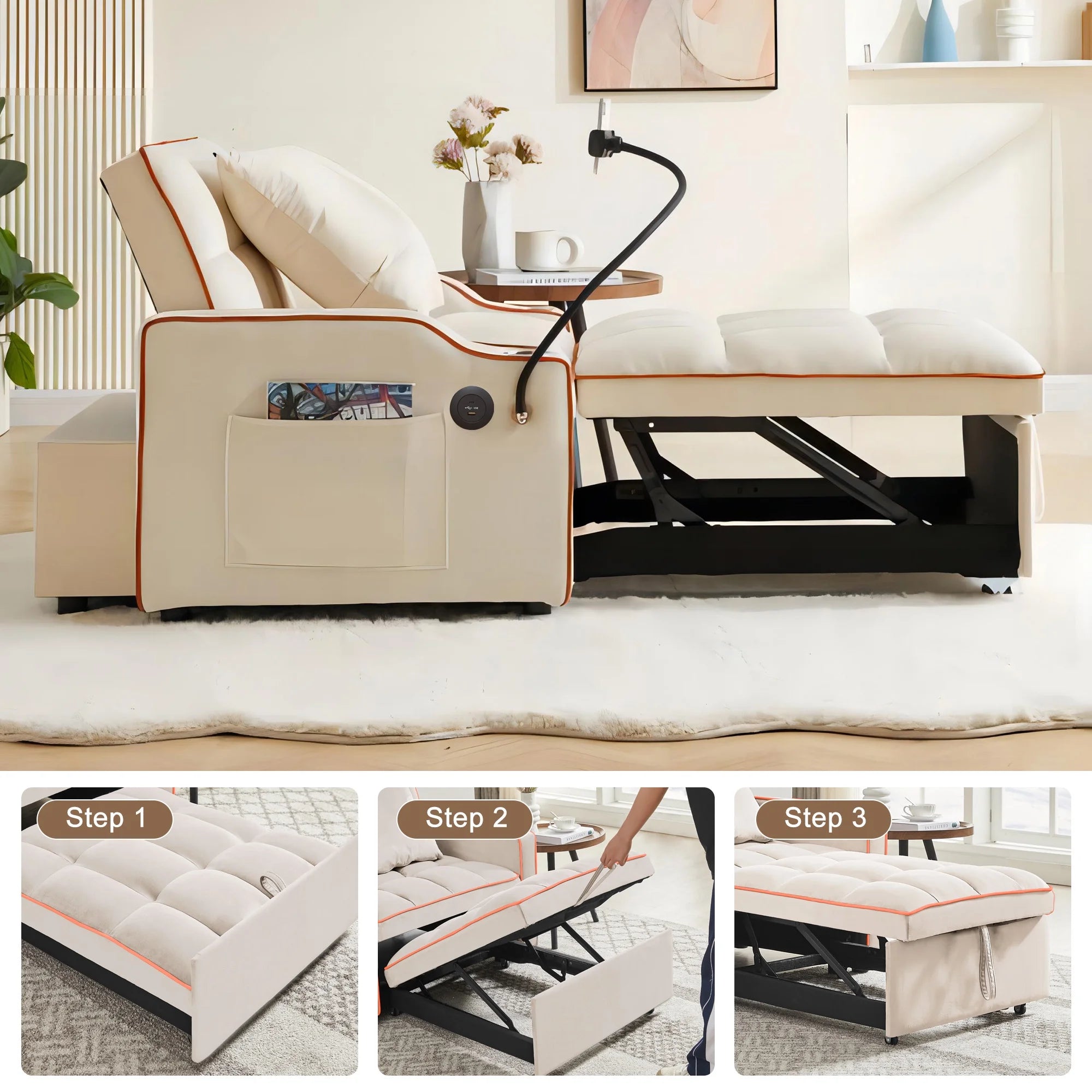 Aukfa Sleeper Chair Bed, Convertible Pull Out Sofa, Beige W589
