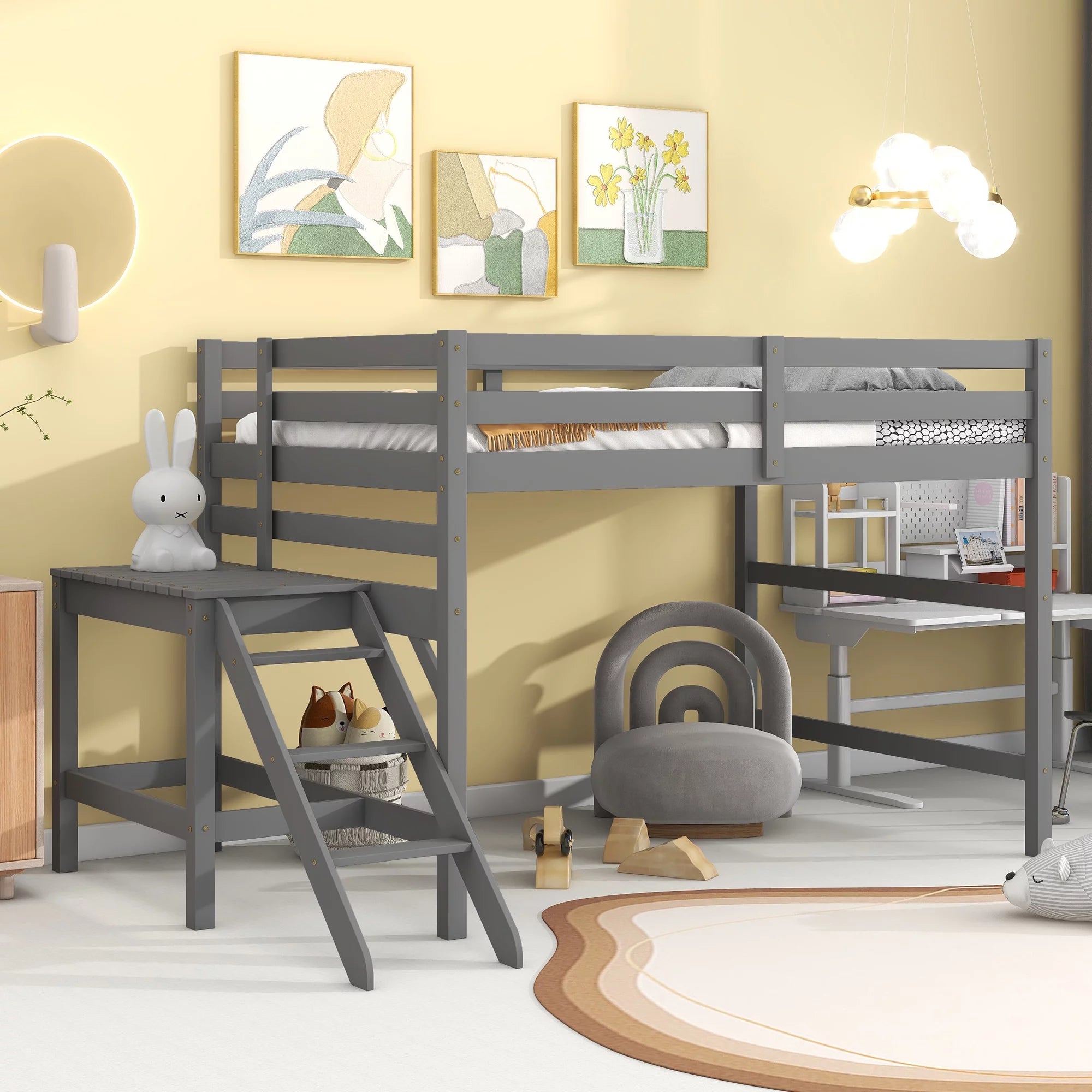 Bellemave Full Wood Loft Bed with Safety Rail and Ladder, Gray F137