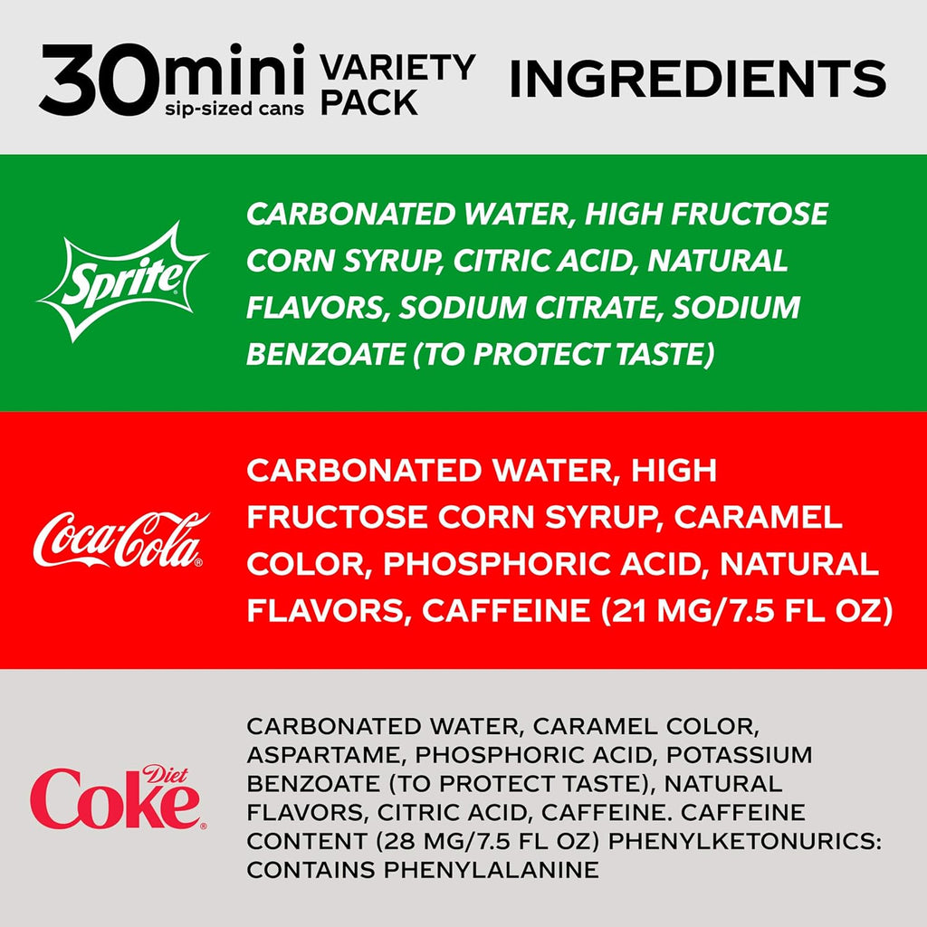 Coca-Cola Mini Can Variety Pack, 7.5 Fl Oz, Pack of 30 K3048