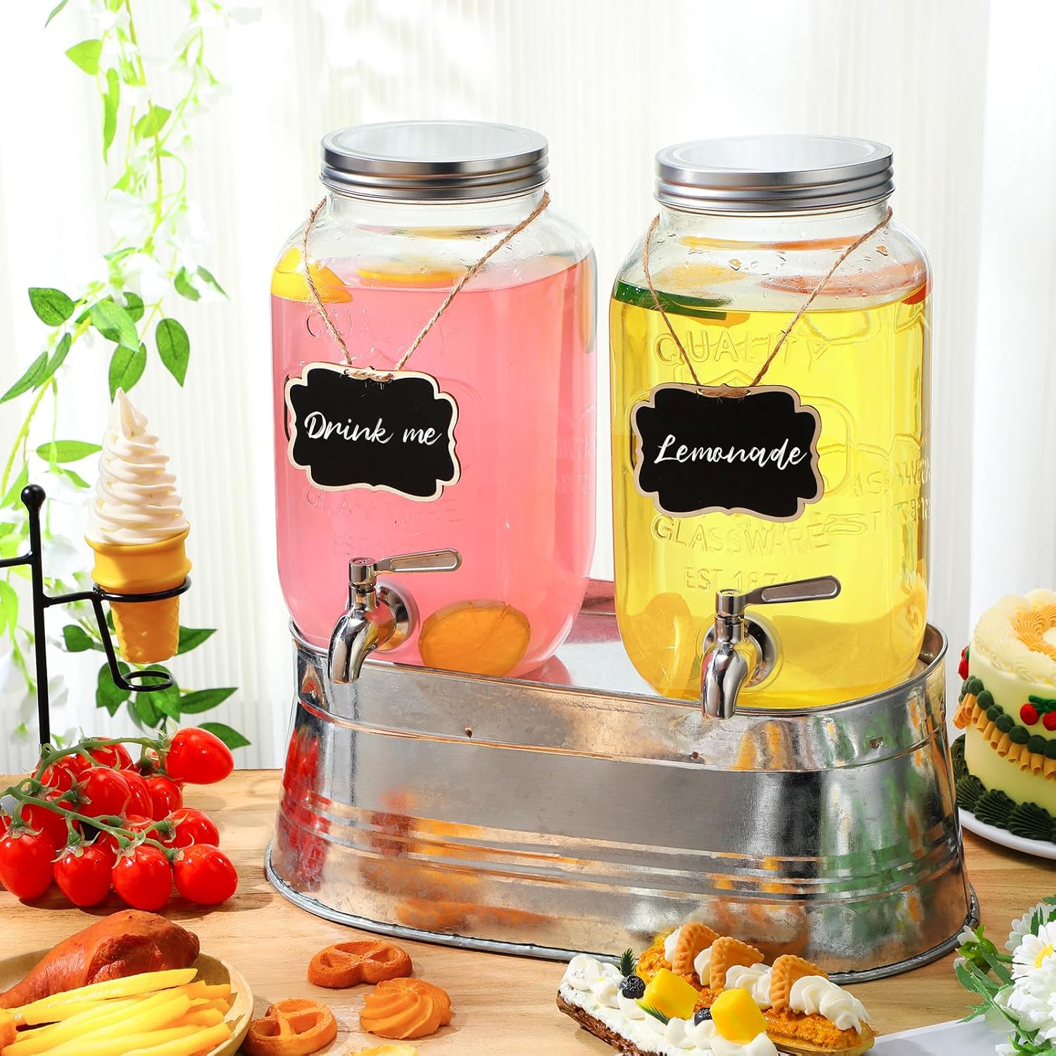 2 Pack 1 Gallon Glass Beverage Dispensers with Stand for Parties C180858
