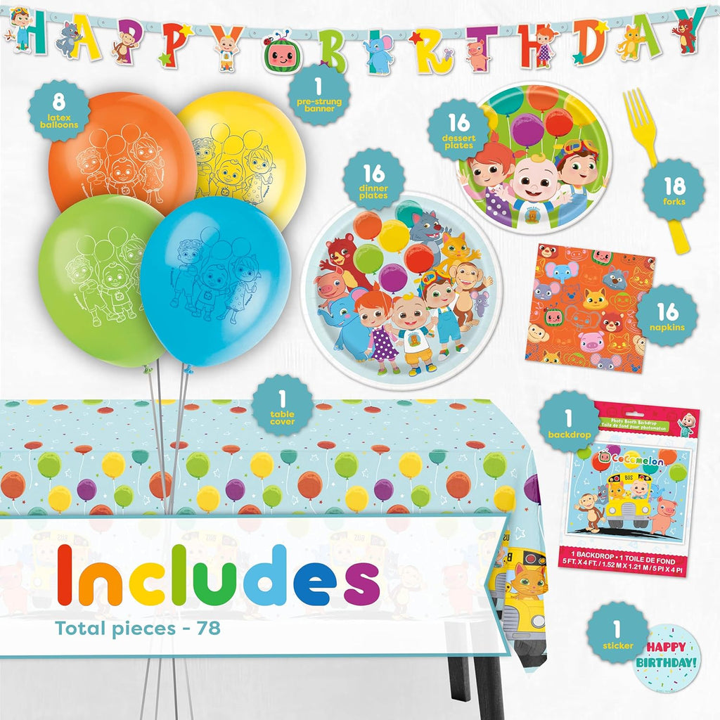 CoComelon Birthday Party Supplies Backdrop Balloons Tablecloth Plates Napkins Forks Sticker M58483